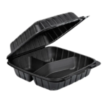 8″ x 8″ 3-Compartment Microwaveable Black Mineral-Filled Plastic Hinged Take-Out Container