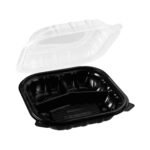 9″ x 9″ x 3″ Microwavable 3-Compartment Black / Clear Hinged Container