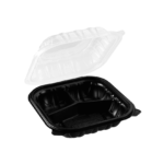 8″ x 8″ x 3″ Microwaveable 3-Compartment Black Container with Clear Hinged Vented Lid