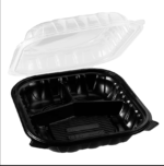 9″ x 10″ Microwaveable 3-Compartment Black / Clear Hinged Container