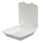 8″ x 8″ Compostable Bagasse Hinged 1-Compartment Containers, PFAS Free, White