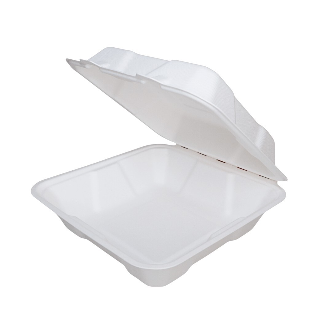 8″ x 8″ 1-Compartment White Bagasse Take-Out Container PFAS Free