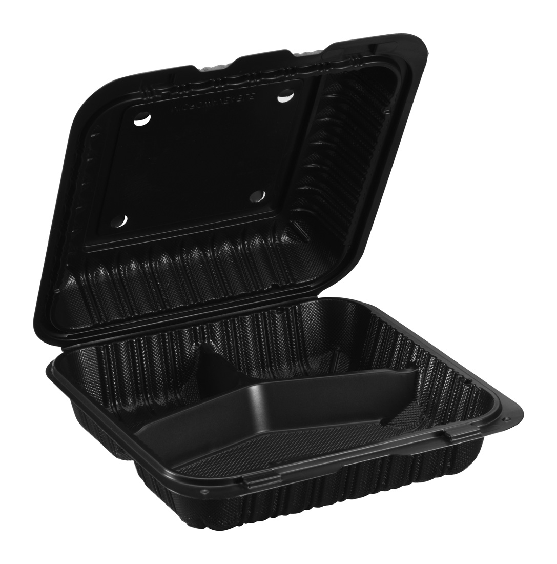 8″ x 8″ 3-Compartment Microwaveable MFPP Hinged Take-Out Container, Vented, Black