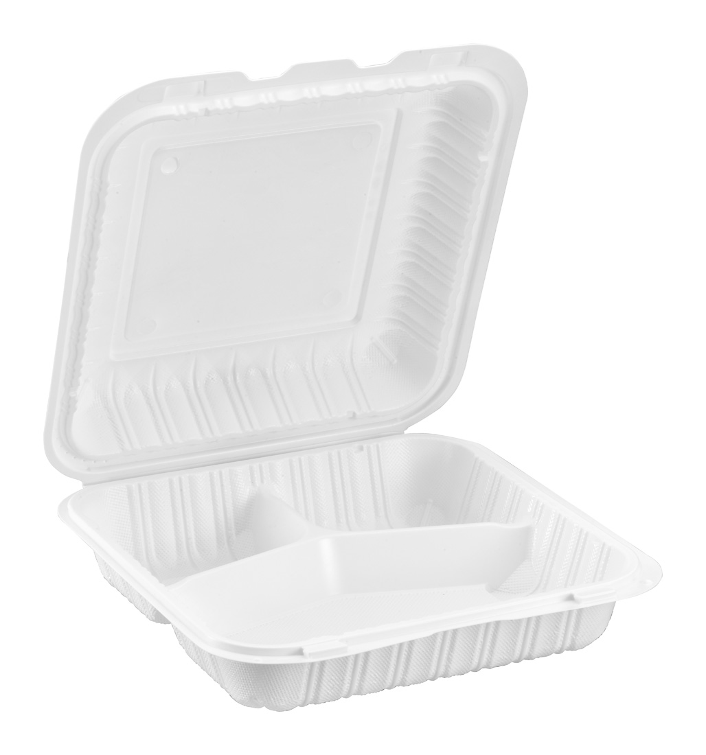 8″ x 8″ 3-Compartment Microwaveable MFPP Hinged Take-Out Container, Vented, White