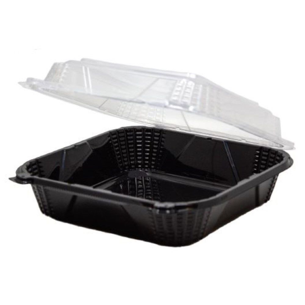 EcoSystems 8″ x 8″ x 3″ Polypropylene Black/Clear 3-Compartment Hinged Container