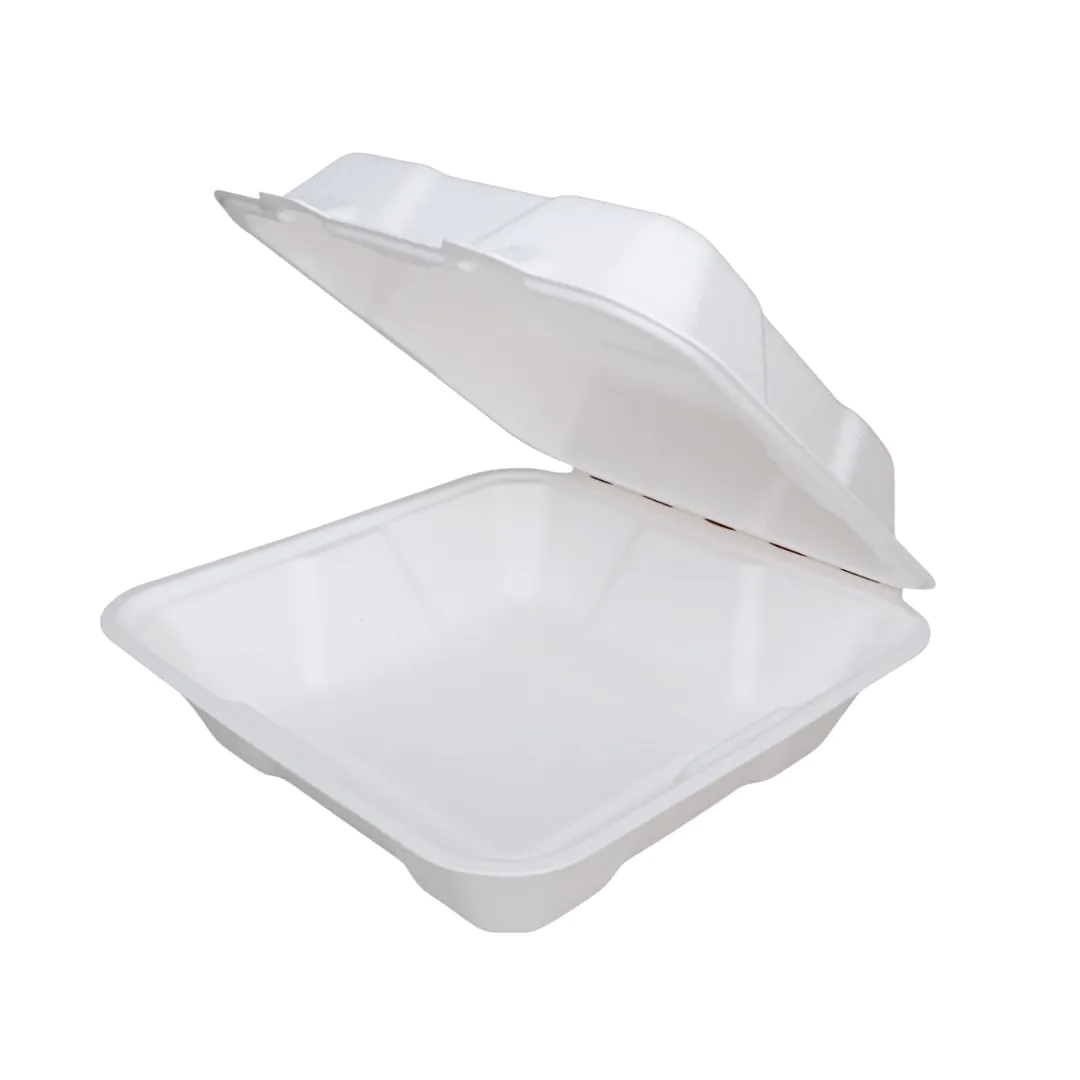 8″ x 8″ 1-Compartment White Bagasse Take-Out Container, PFAS Free