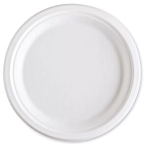 9″ White Round Compostable Bagasse Plate, PFAS Free
