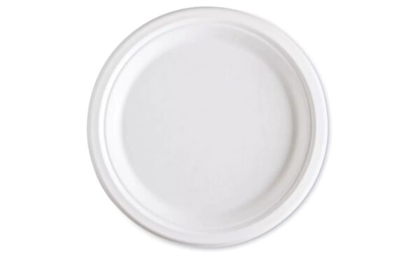 9″ White Round Compostable Bagasse Plate, PFAS Free